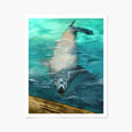 Art print of a sea lion swimming underwater at the pier. 