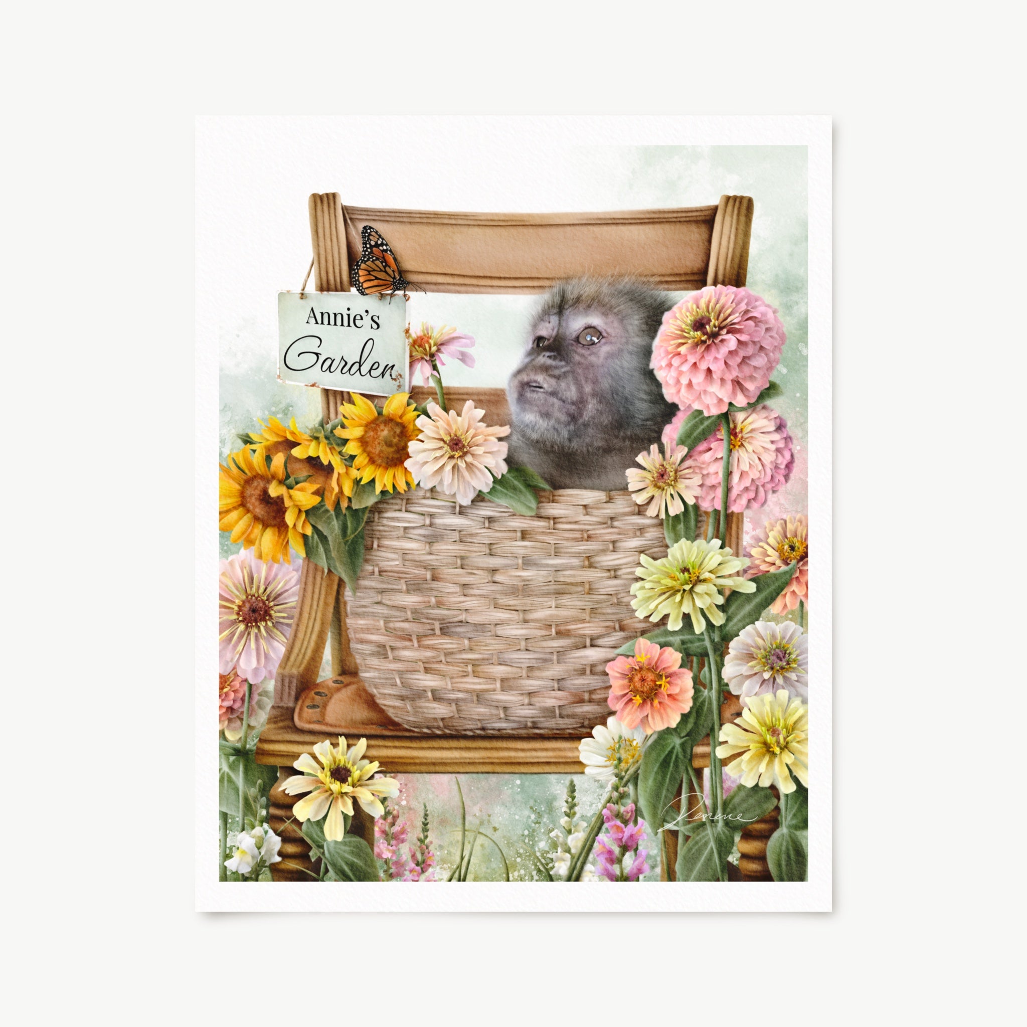 Art print featuring a monkey sitting in a woven basket on a wooden chair, surrounded by pink, yellow, and white flowers, with a small sign reading 'Annie's Garden' and a butterfly.