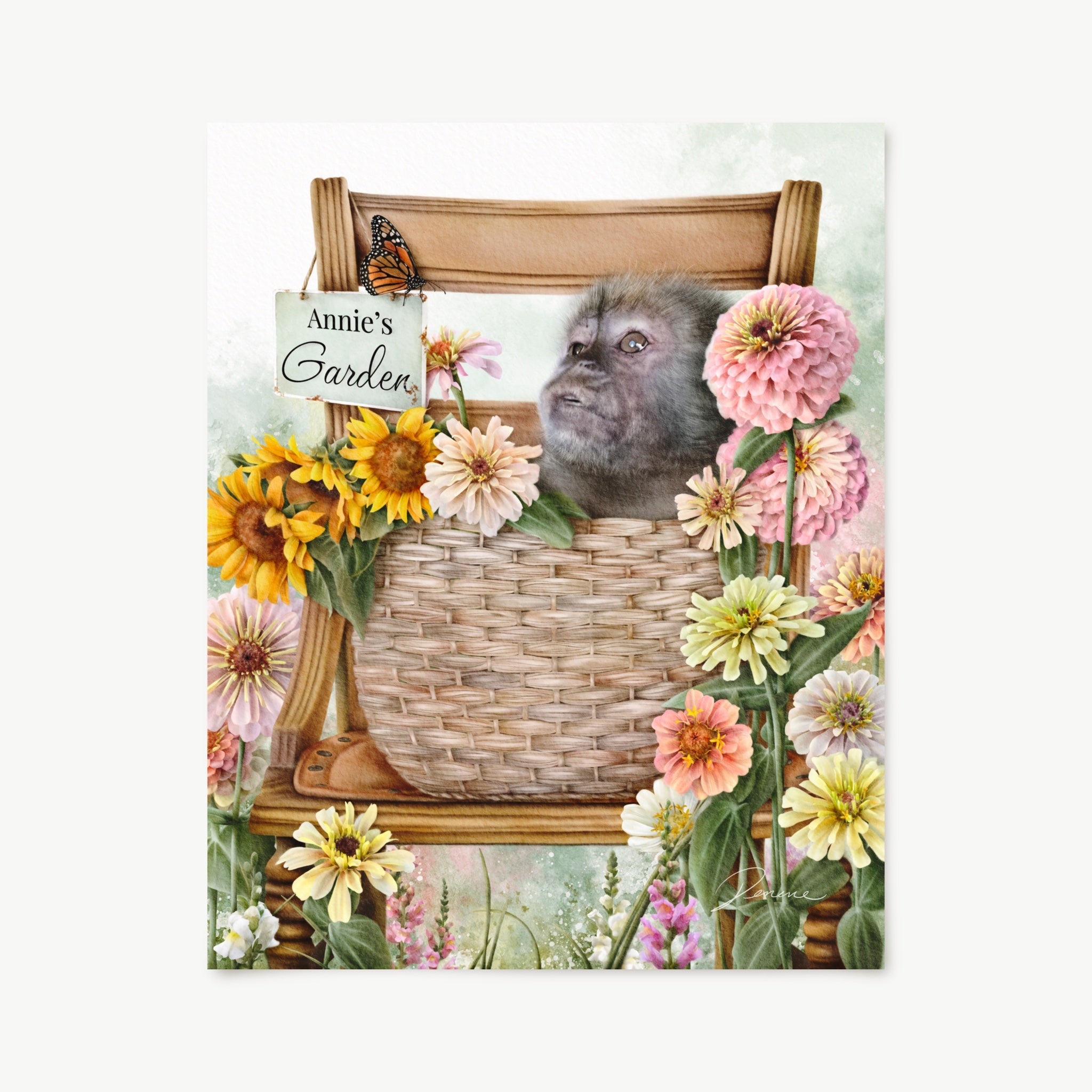 Art print featuring a monkey sitting in a woven basket on a wooden chair, surrounded by pink, yellow, and white flowers, with a small sign reading 'Annie's Garden' and a butterfly.