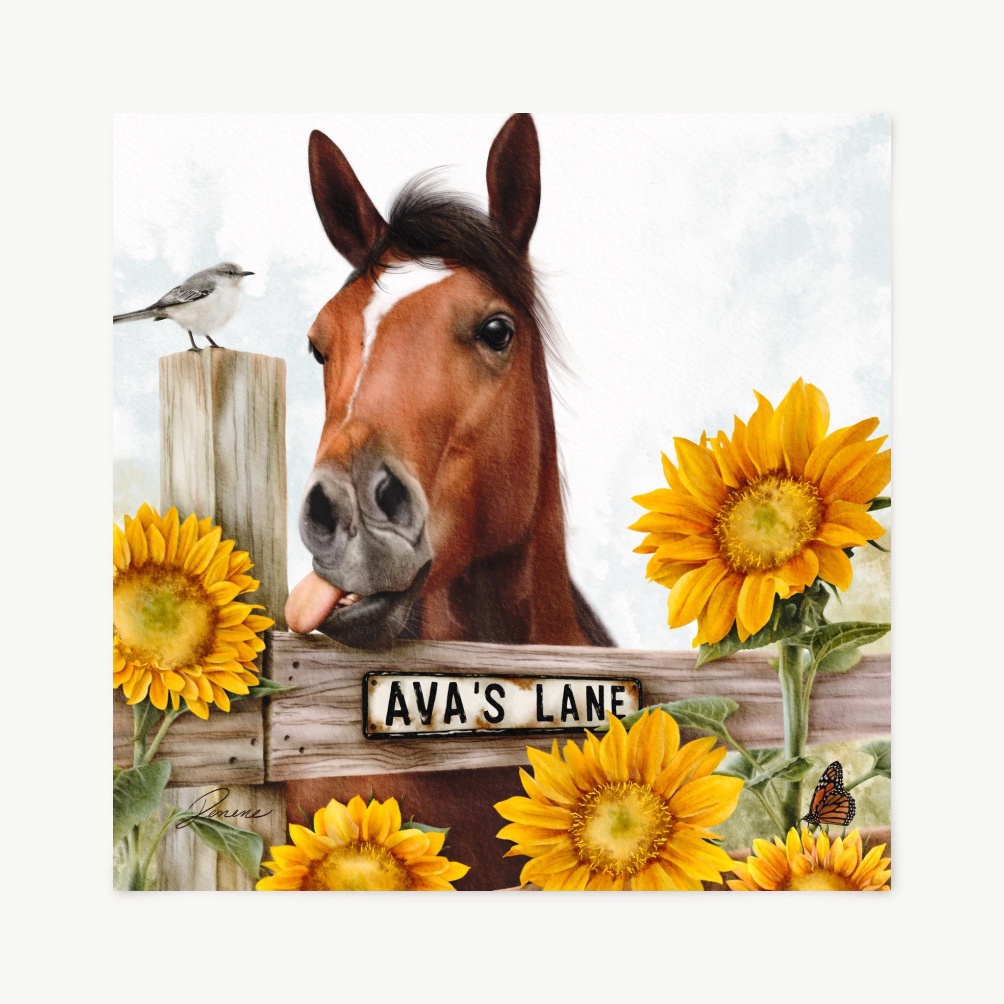 Horse peeking over a wooden fence with sunflowers and a sign that reads 'Ava's Lane'.