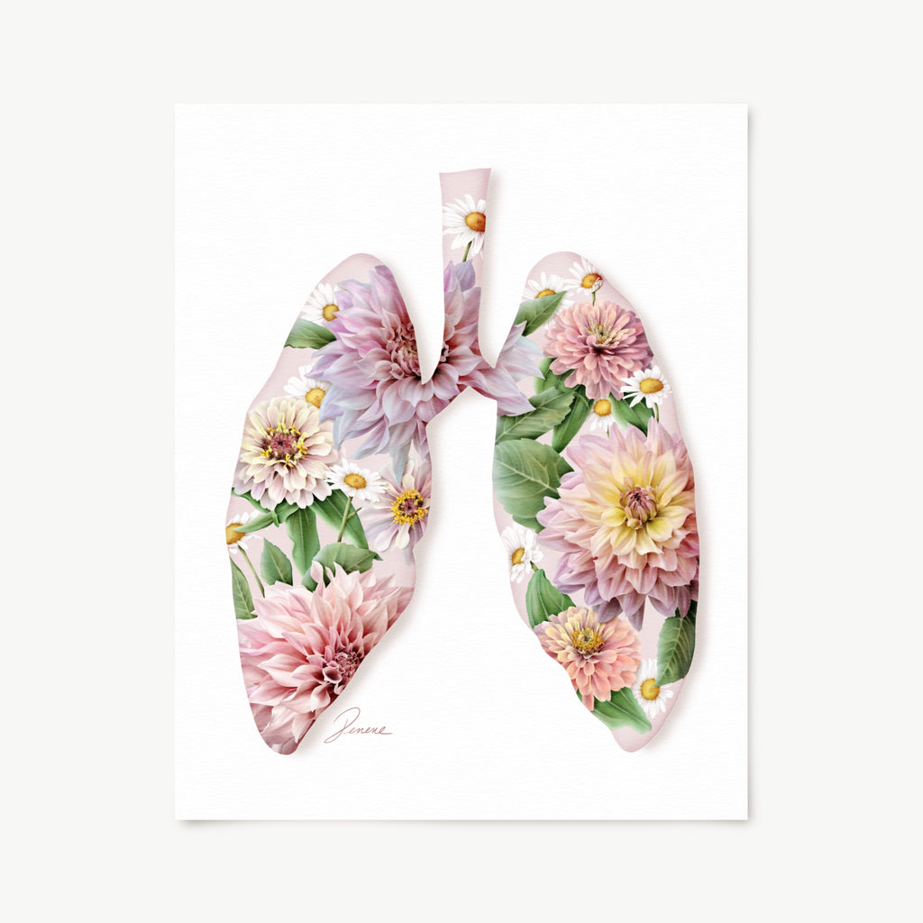 Fine Art print of Lung silhouette filled with flowers on white background. 