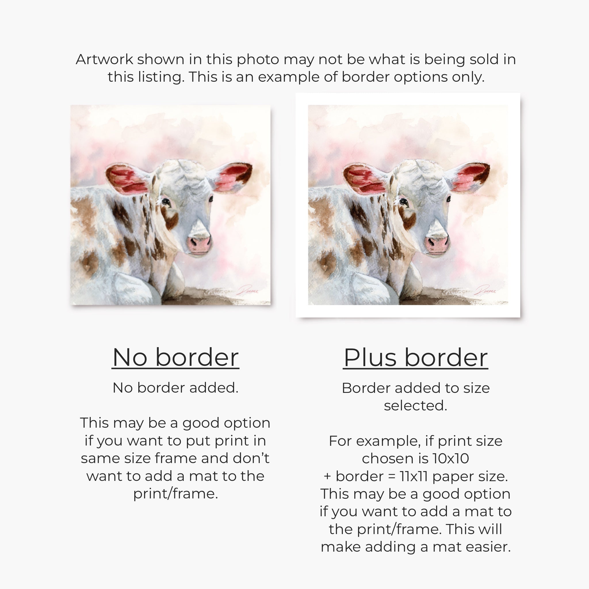 Artwork examples with text explaining no border and plus border options.