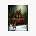 Art print of a wooden cabin in a snowy forest with a deer in front