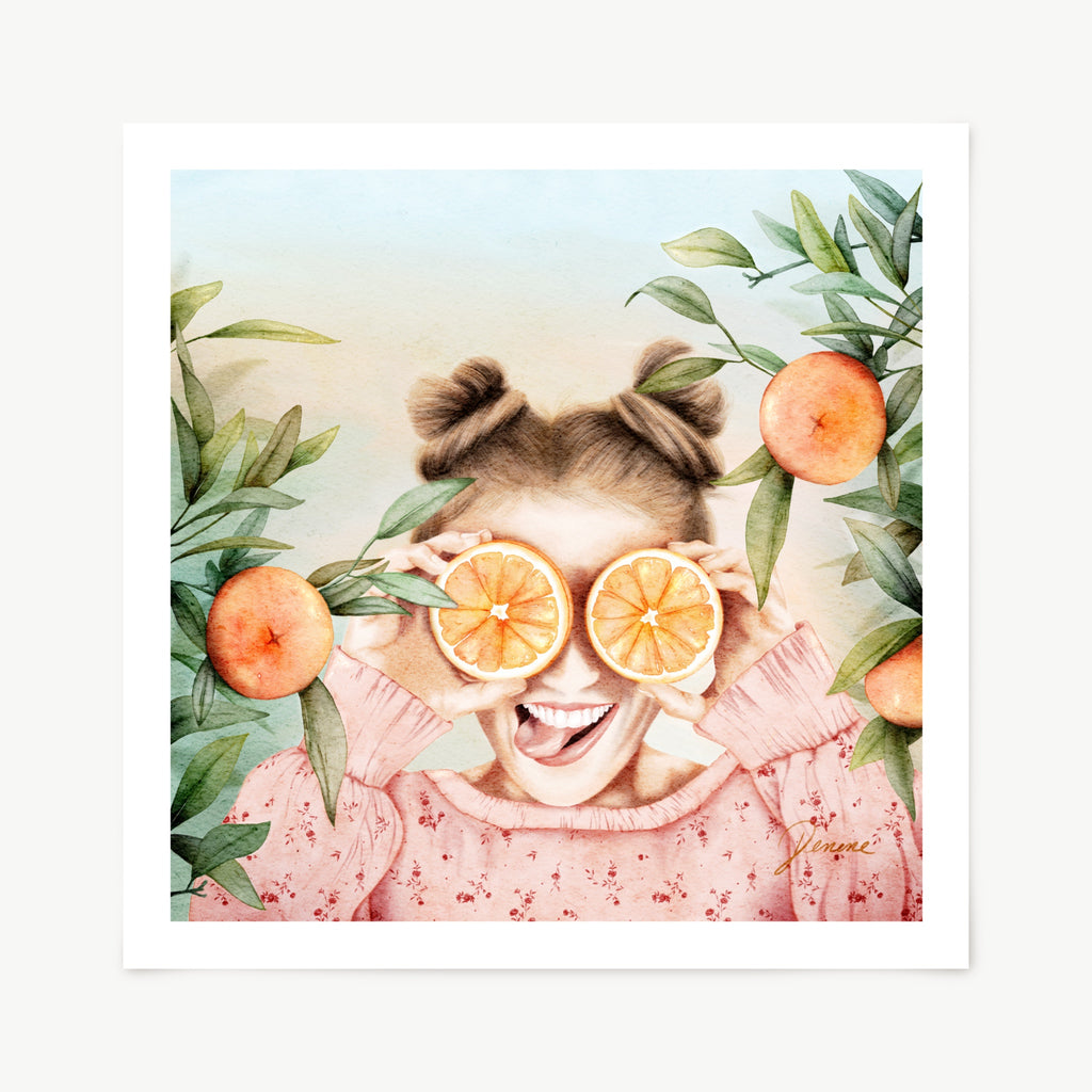 Art print Ola a Lady holding orange slices over eyes with green leaves and oranges on a light blue background