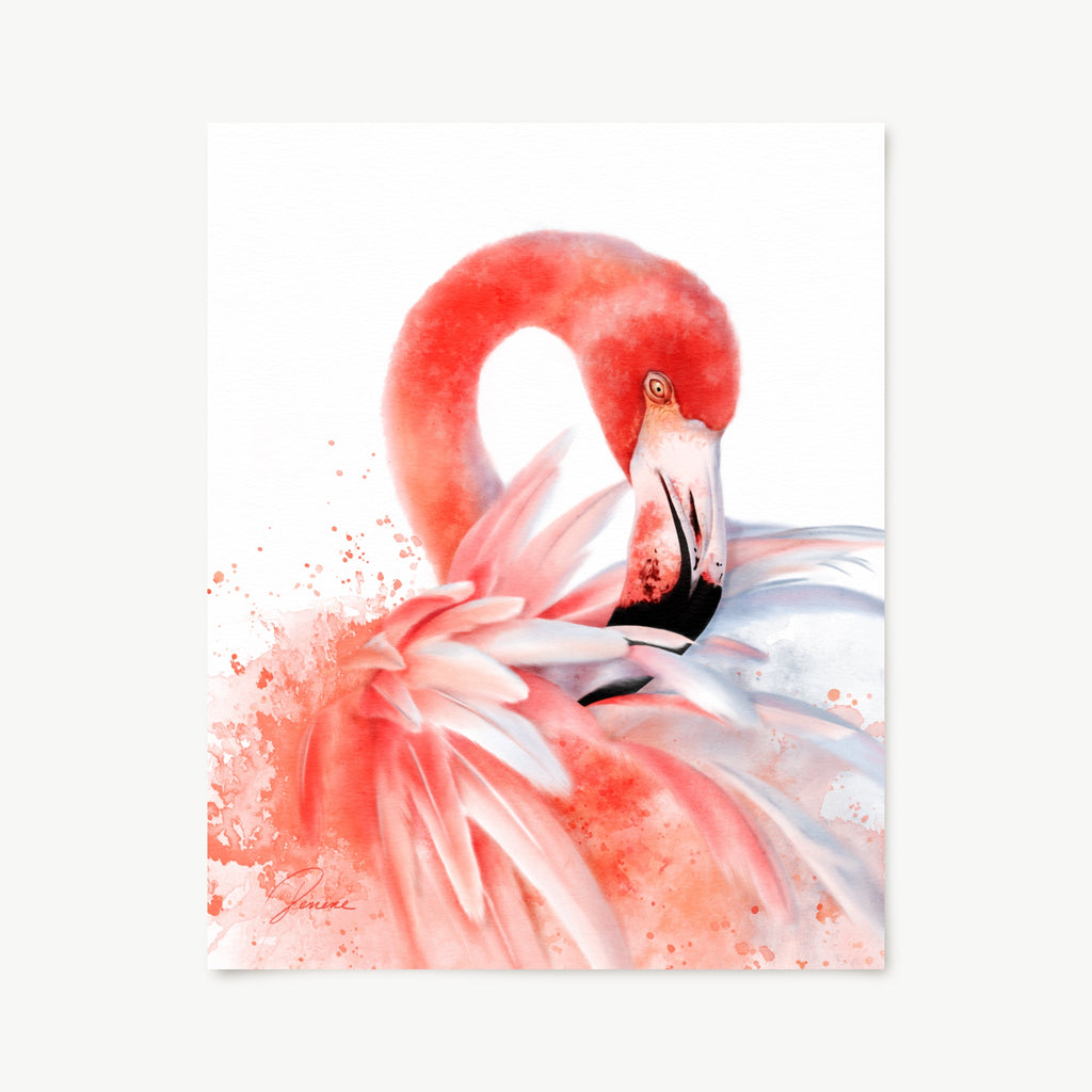 Art print. Artistic depiction of a flamingo on a white background