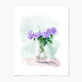 Art print of purple hydrangeas in a clear glass jar against a light green background.