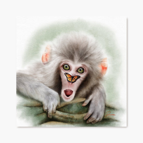 Art print of a monkey with a butterfly on its nose against a light green background