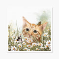Art print of a cat among flowers with butterflies