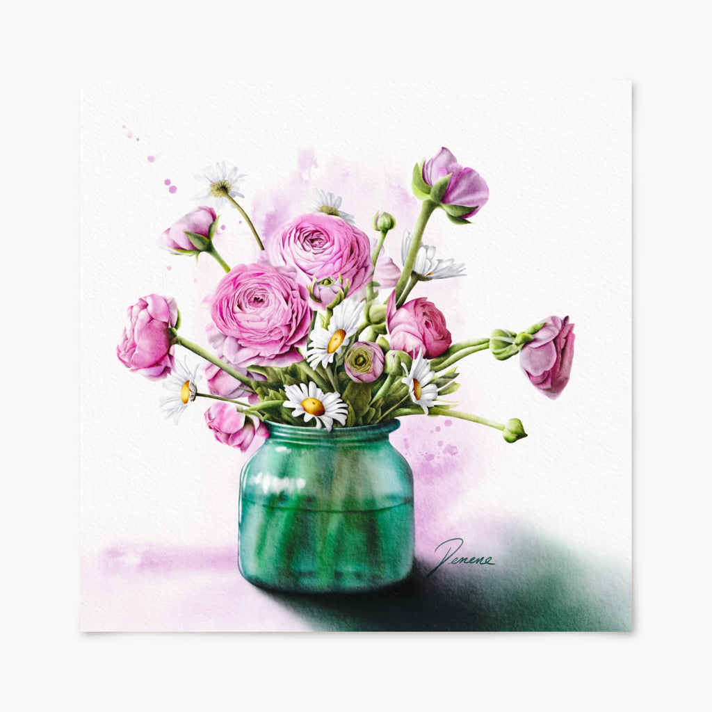 Art print of pink flowers and white daisies in a green vase on a white background. 
