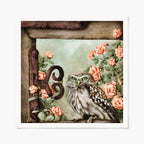 Art print of an owl among roses and a decorative iron latched wood gate. 