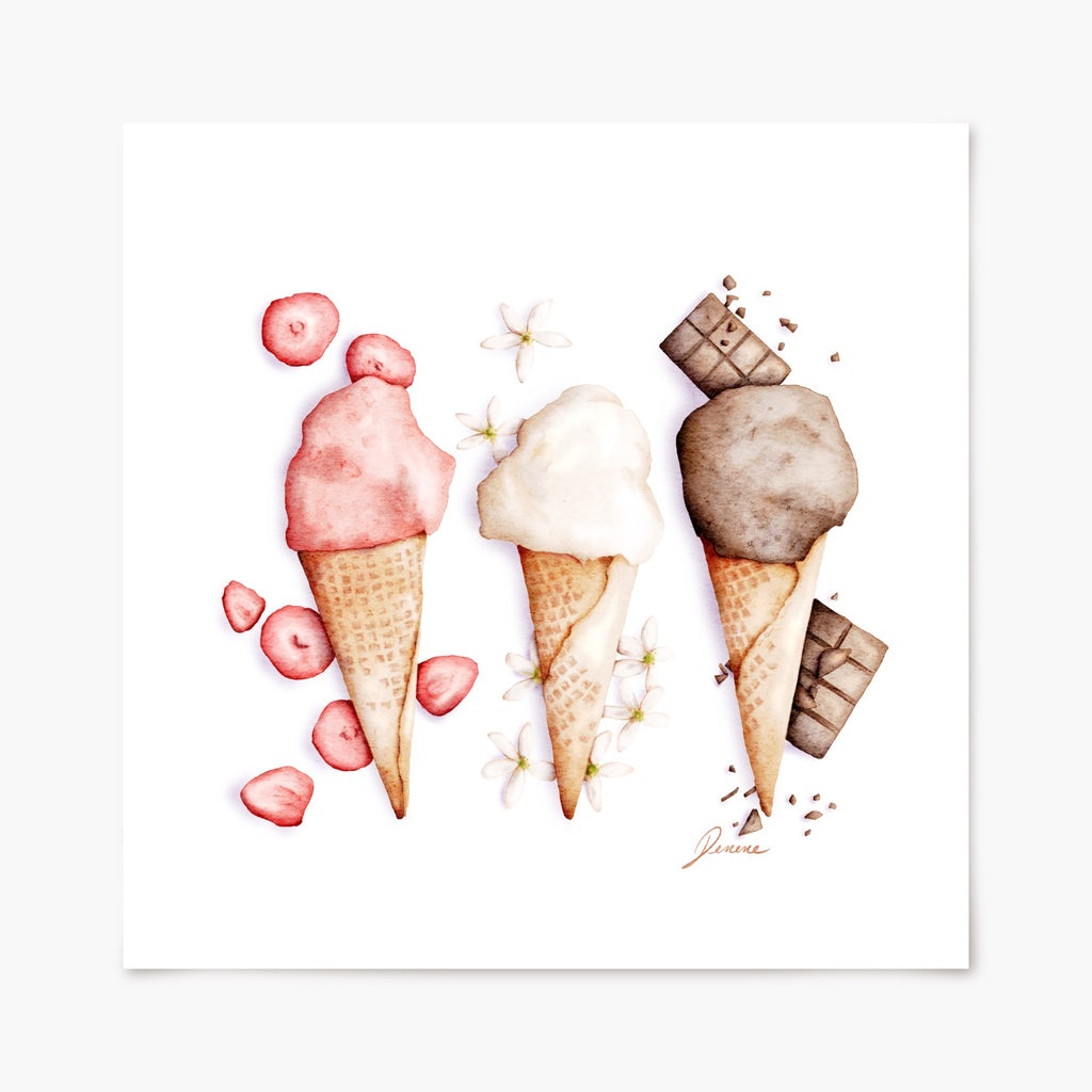 Art print illustration of three ice cream cones with different flavors on a white background