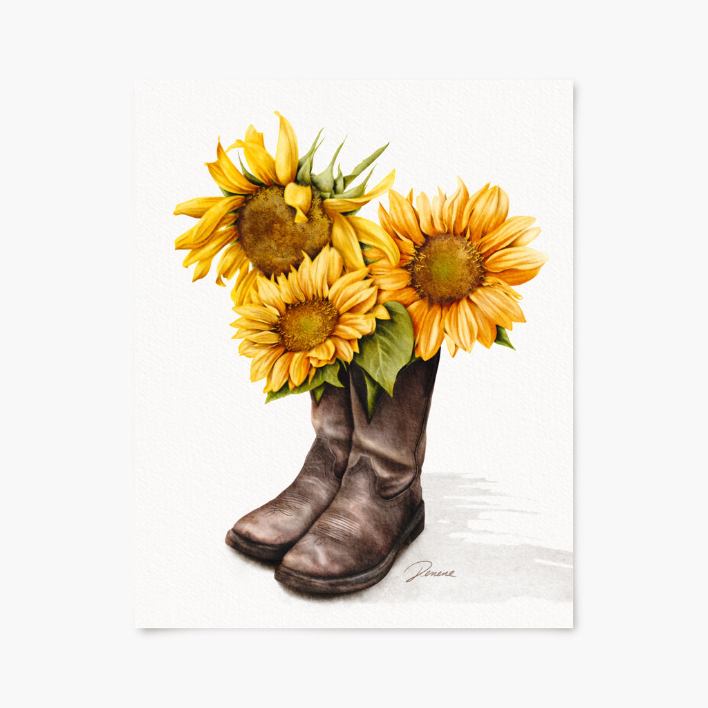 Art print of brown cowboy boots filled with sunflowers on a white background