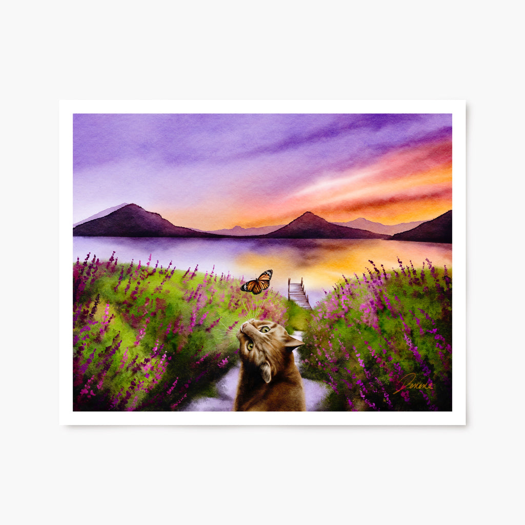 Art print of a cat and butterfly lakeside 