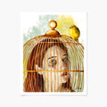 Artistic depiction of a woman's face inside a birdcage with a yellow bird on top of cage. Art print. 