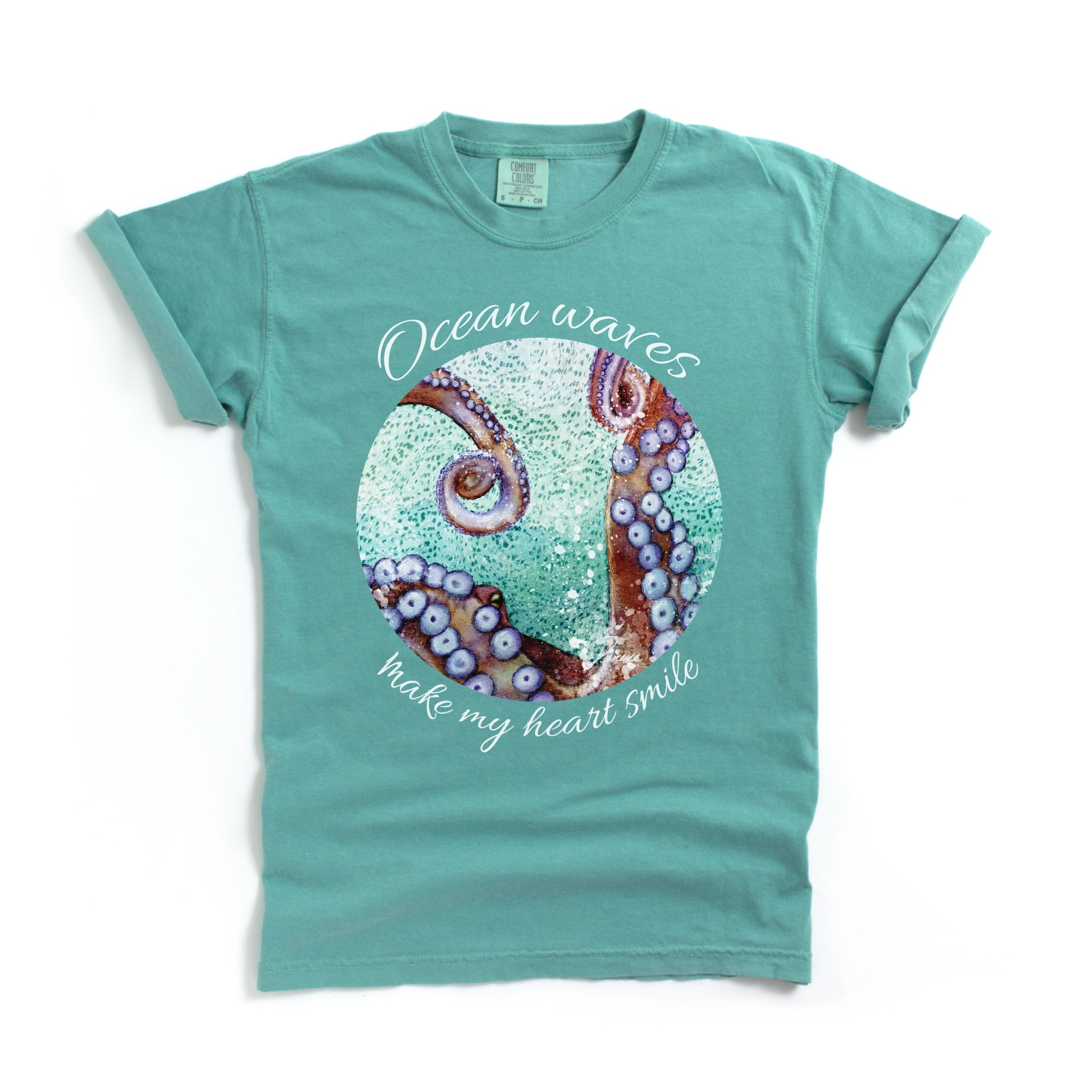 Seafoam colored t-shirt with an octopus design and text. 
