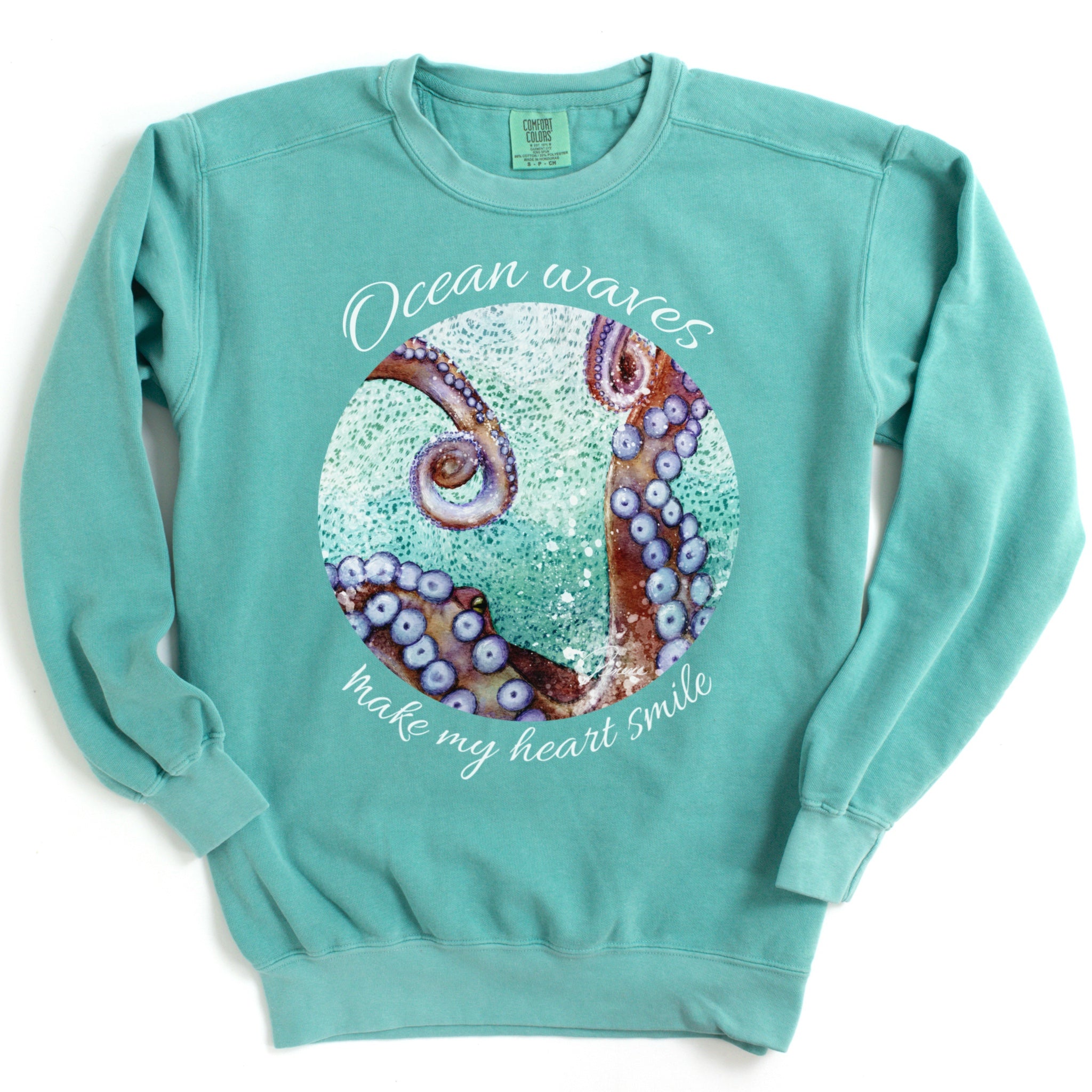 Seafoam color sweatshirt with an octopus design and text. 
