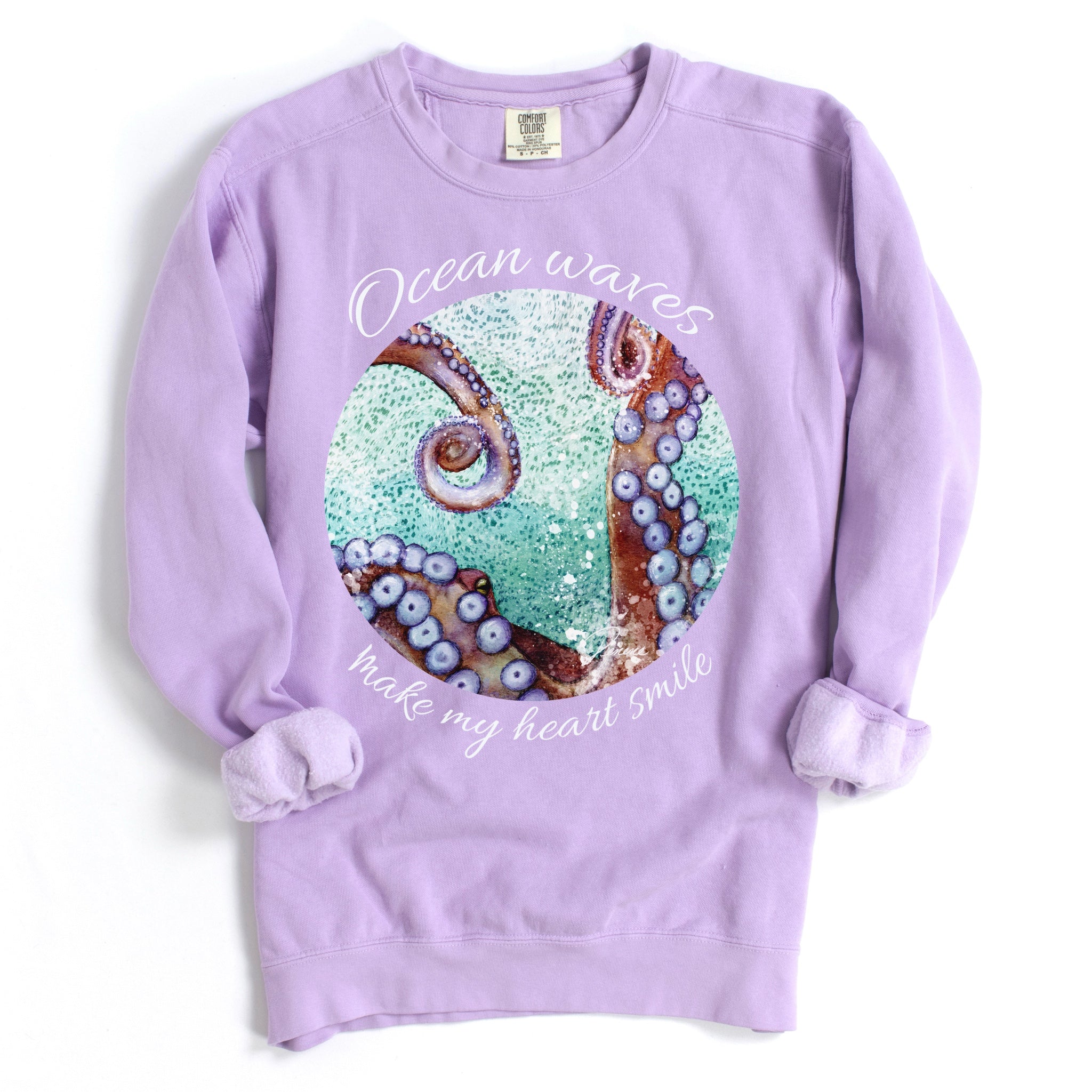 Orchid color sweatshirt with an octopus design and text. 
