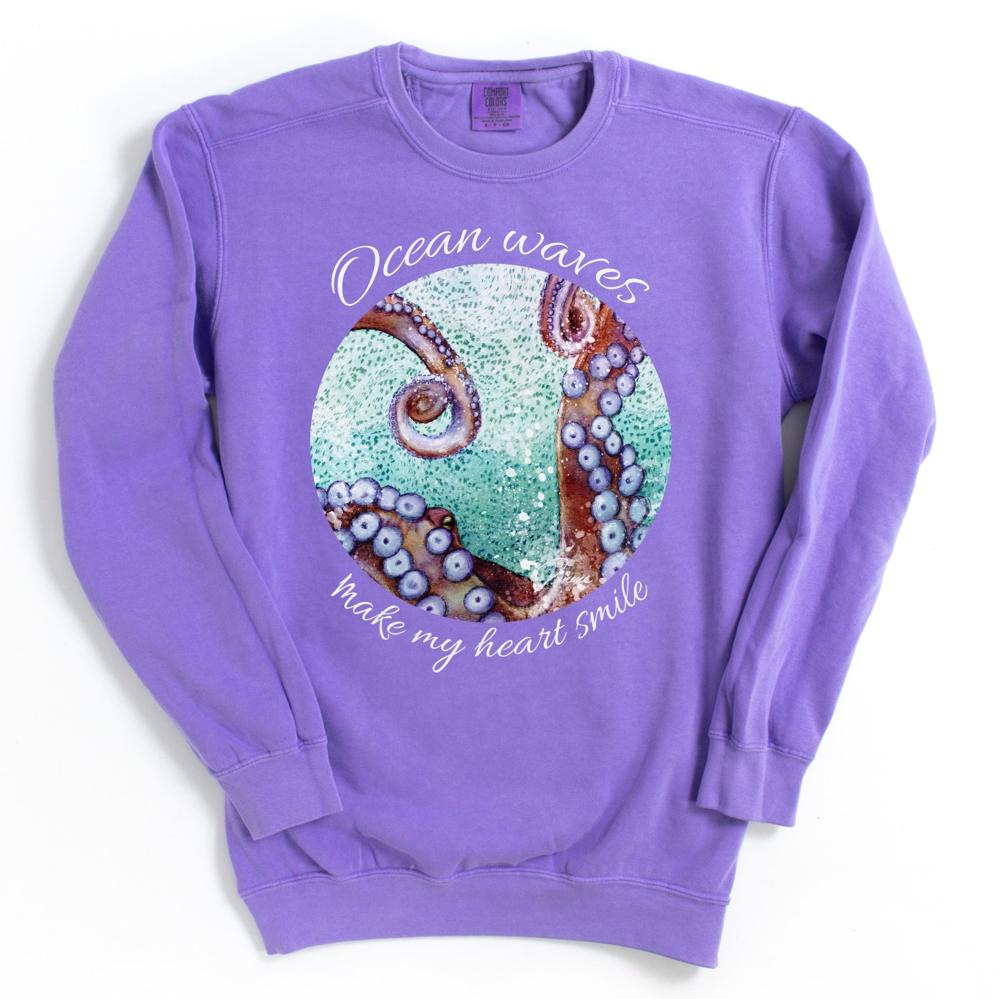 Violet color sweatshirt with an octopus design and text. 
