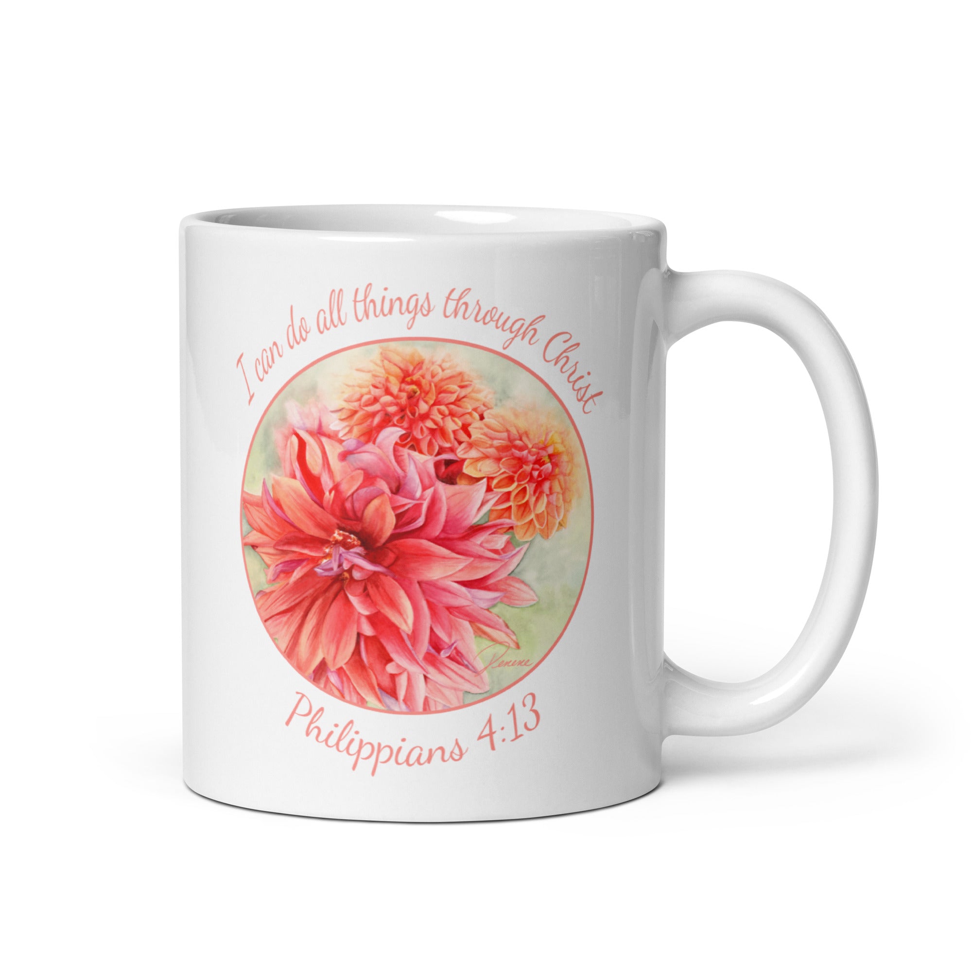 White mug with floral design and text 'I can do all things through Christ Philippians 4:13' on a white background