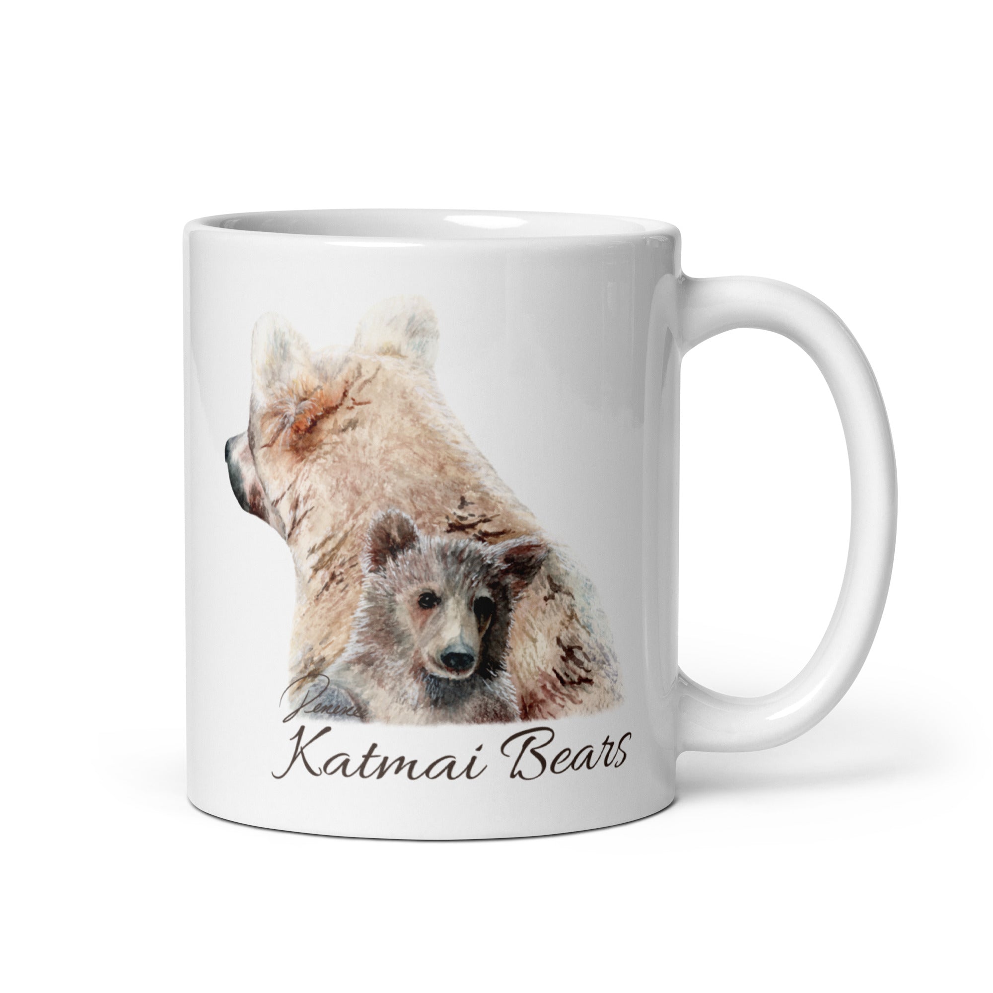Mug with image of a bear and cub and 'Katmai Bears' text on a white background