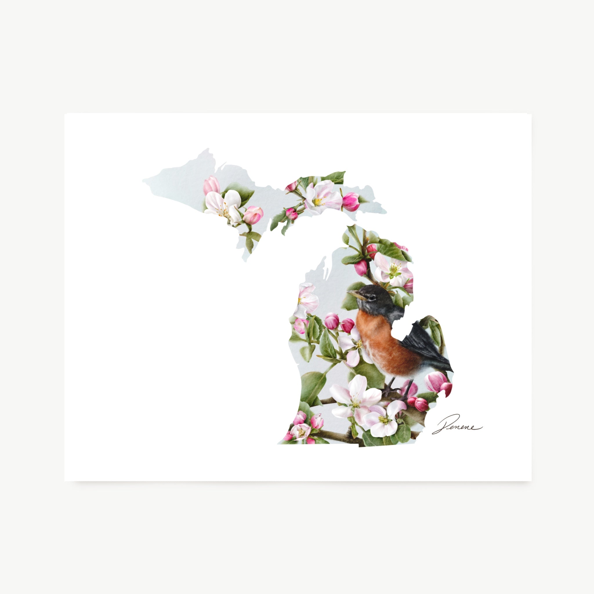 Art print featuring the state silhouette of Michigan filled with pink Apple blossoms, green leaves, and an American Robin bird.