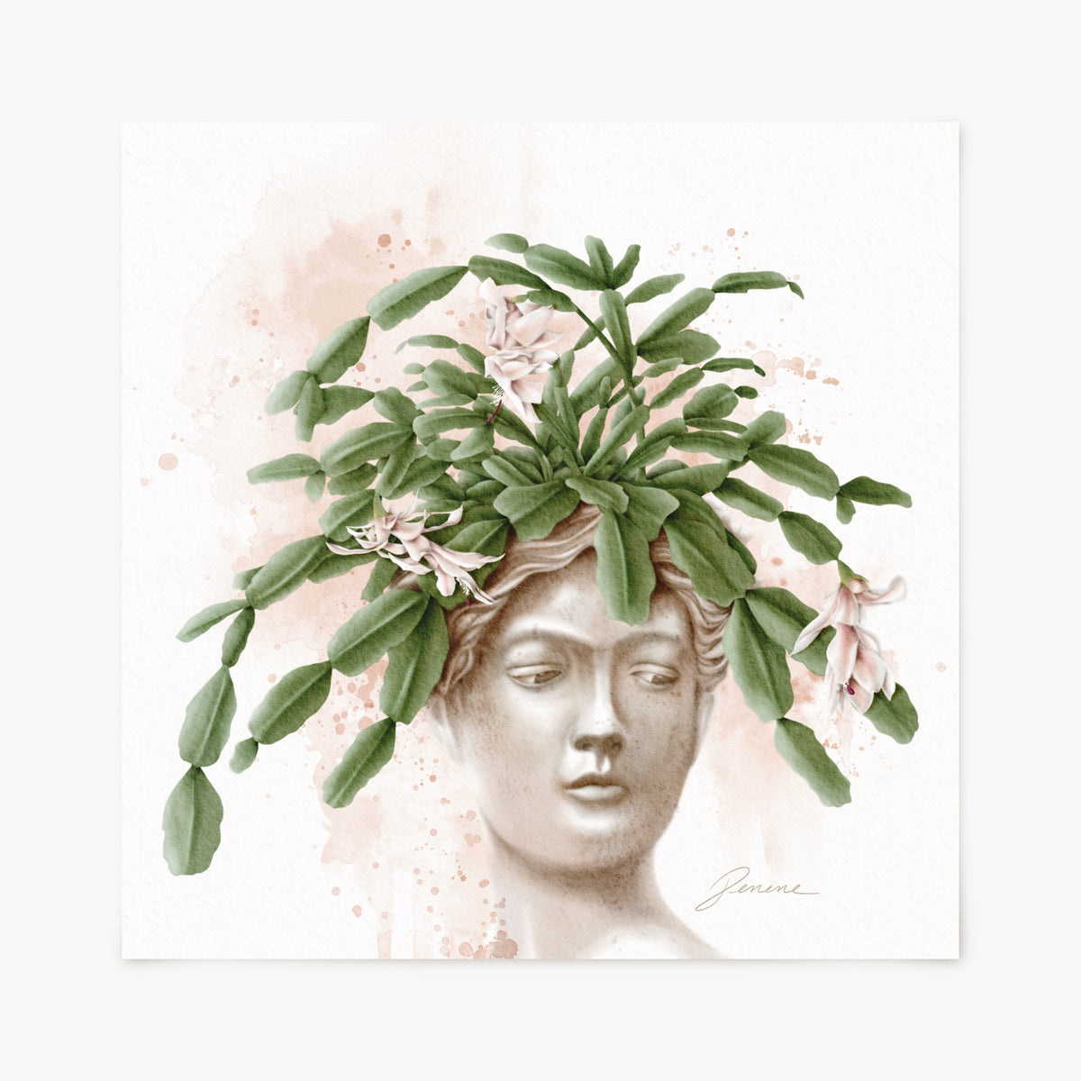 A square art print featuring a classical bust illustration of a woman's face with green leaves and pale pink flowers growing from her hair, set against a soft watercolor wash on a white background.