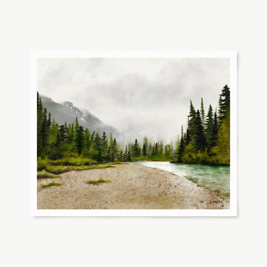 Art print of a serene landscape with a river, trees, and mountains. 
