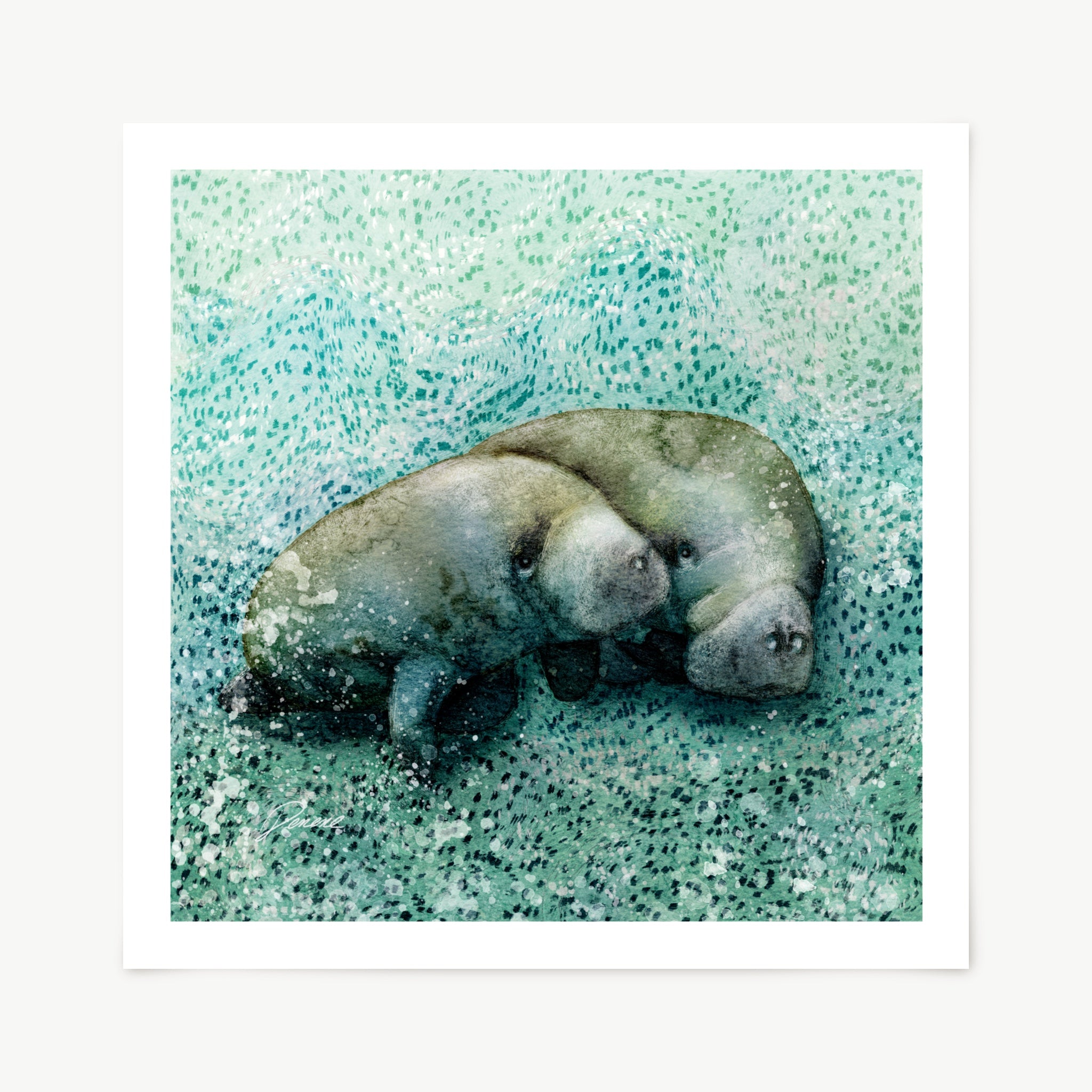 Two manatees on a mosaic green surface