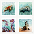 Set of four prints of sea life including a turtle, manatee, octopus, and seal.