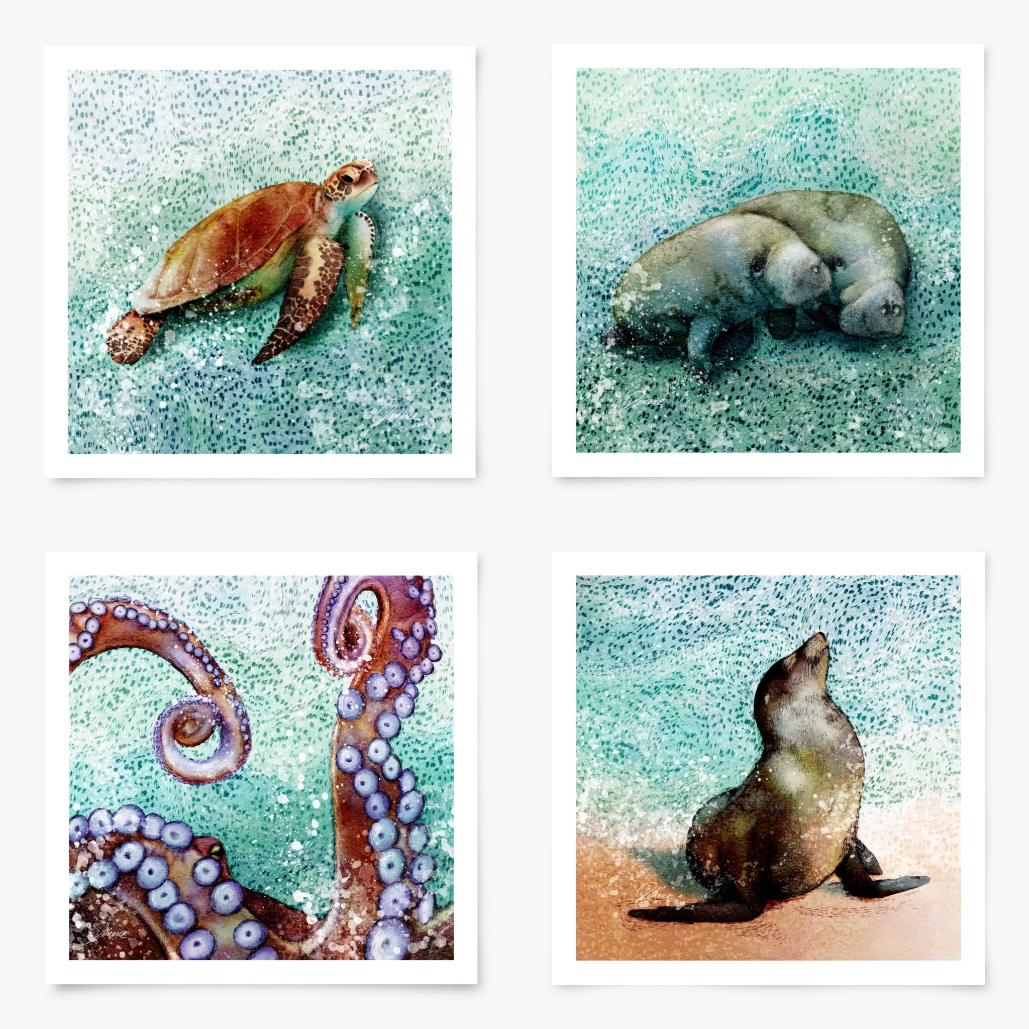 Set of four prints of sea life including a turtle, manatee, octopus, and seal.