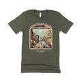 Military green colored t-shirt with my artwork of  an owl in a rose garden. Text featuring Psalm 91 added to design. 