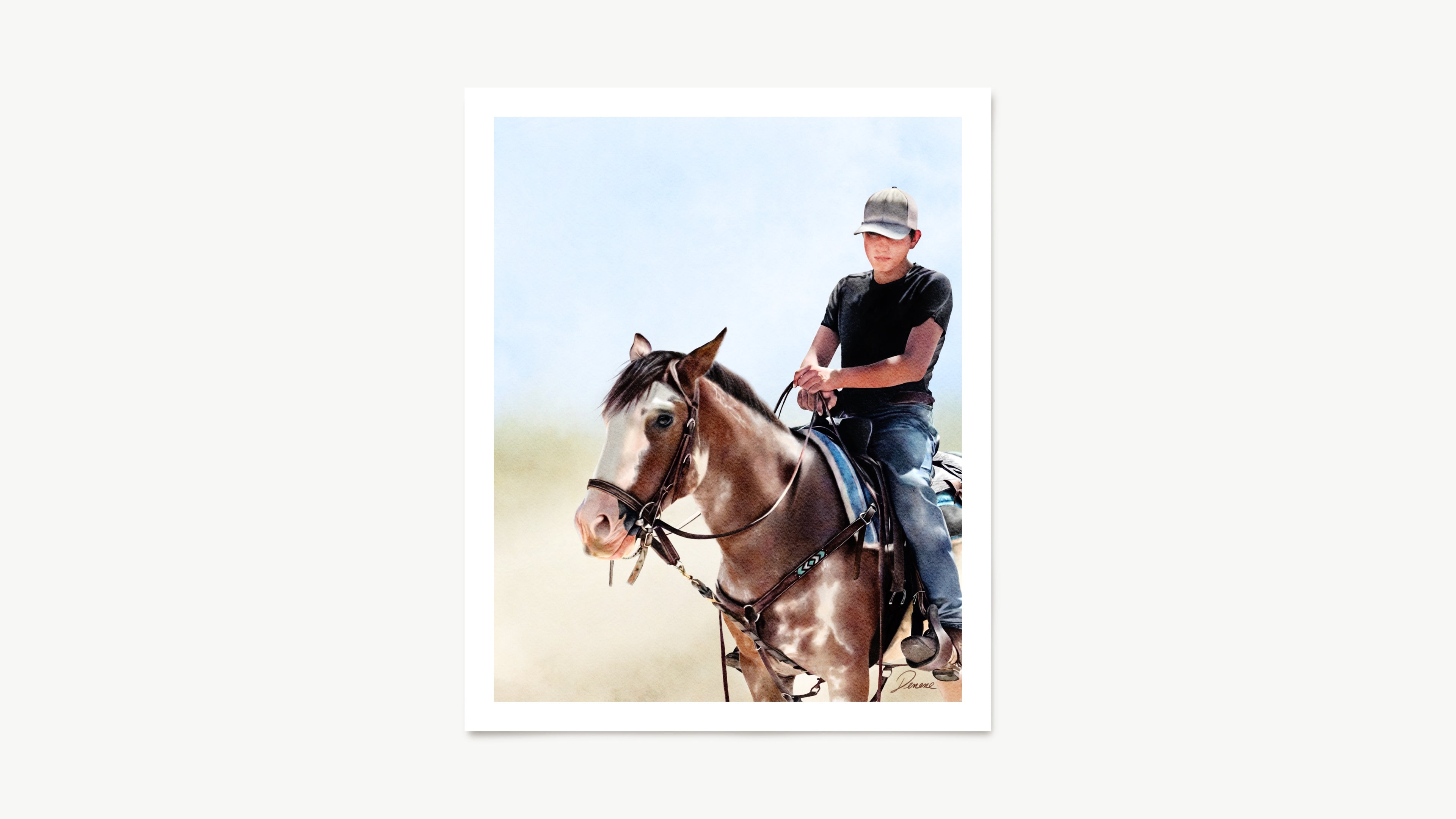 Custom pet portrait. Horse and rider. 