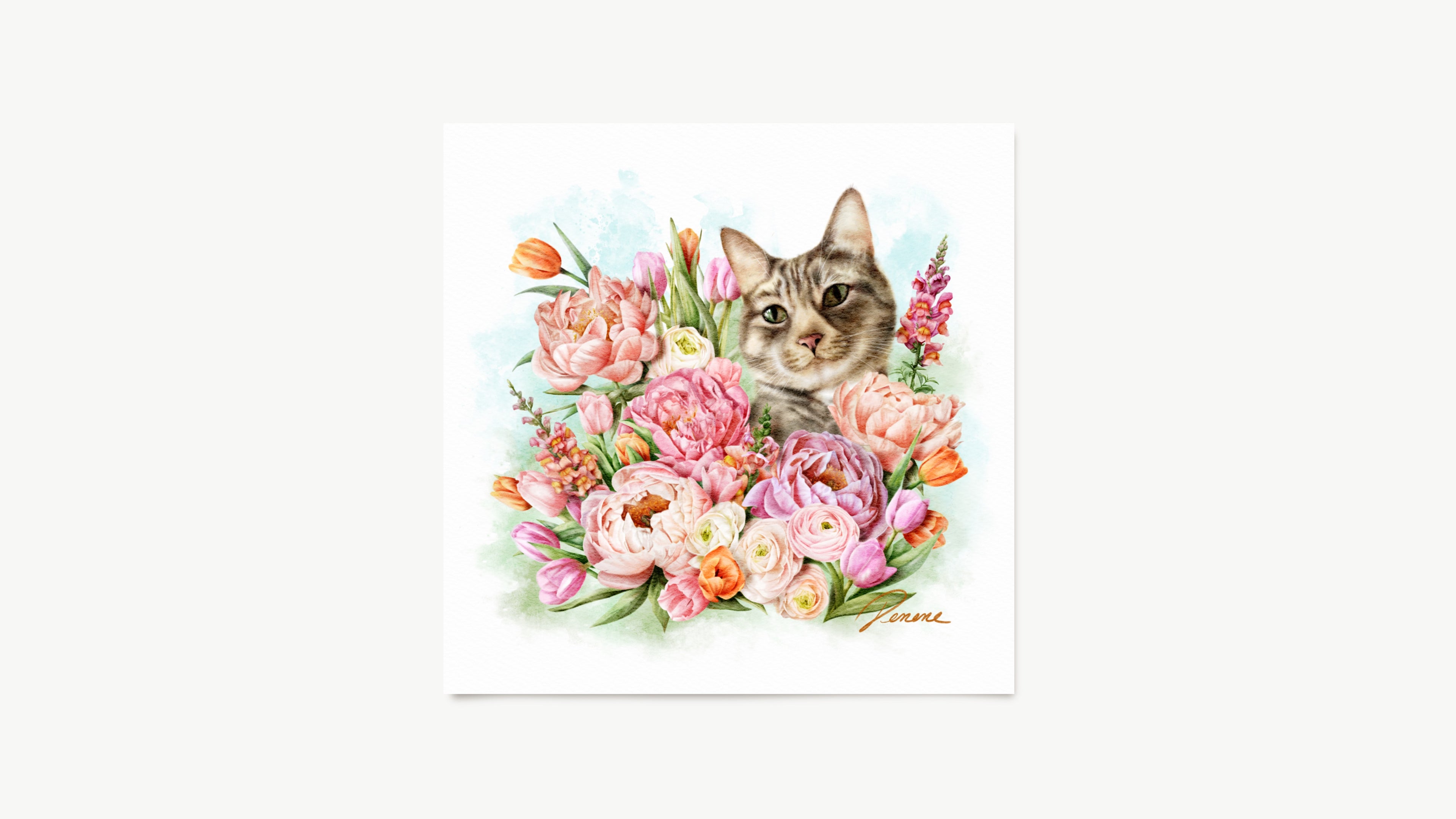 Custom pet portrait. Cat surrounded by flowers on a white background