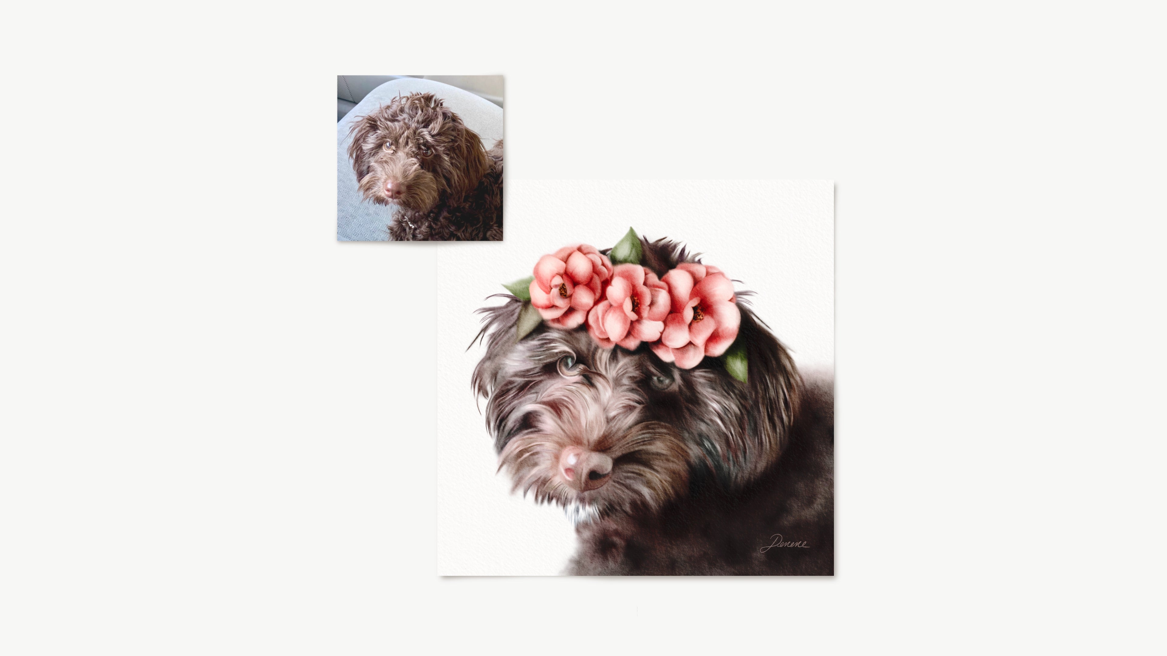 Custom pet portrait. Dog with flowers. Reference photo shown. 