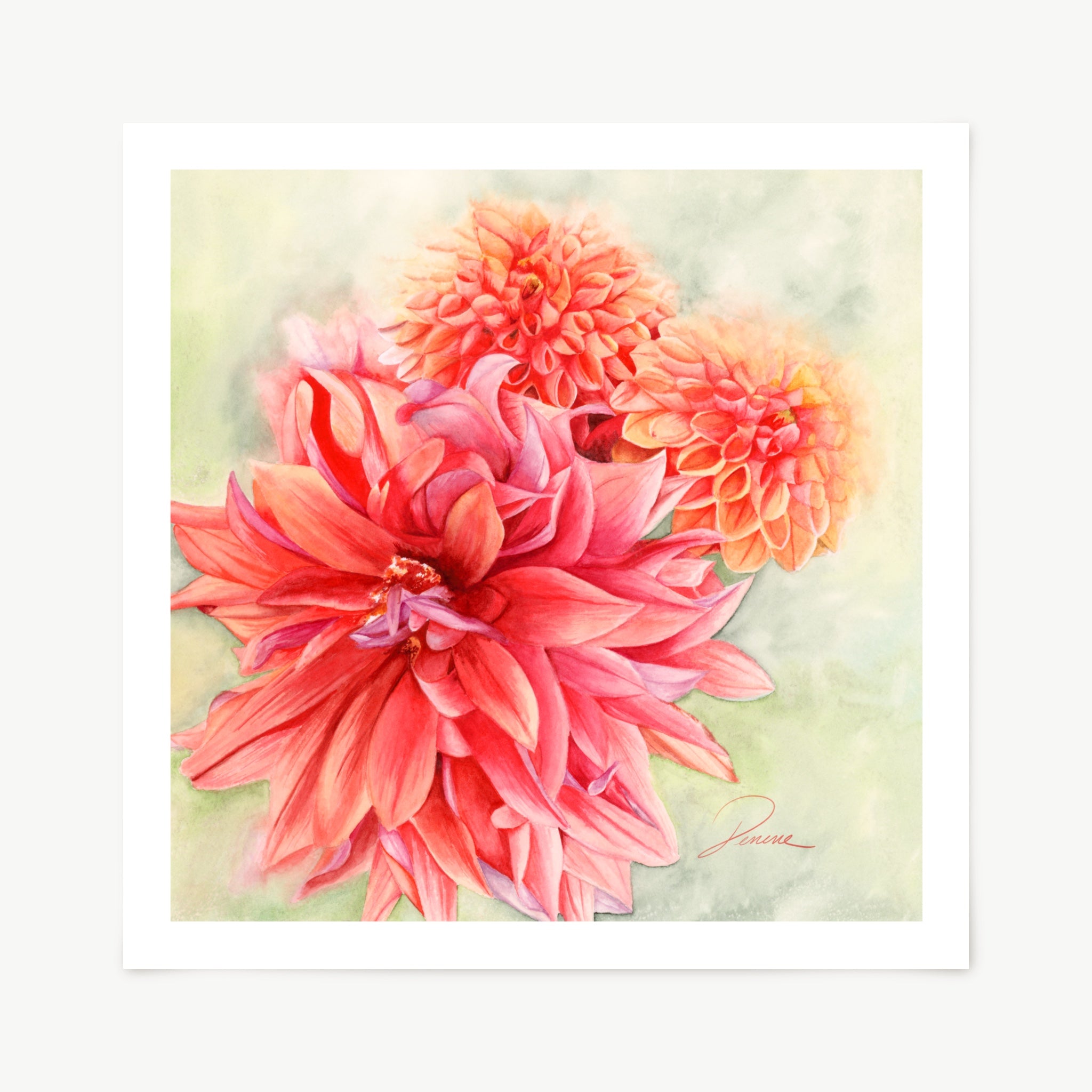 Art print of two pink flowers on a light green background