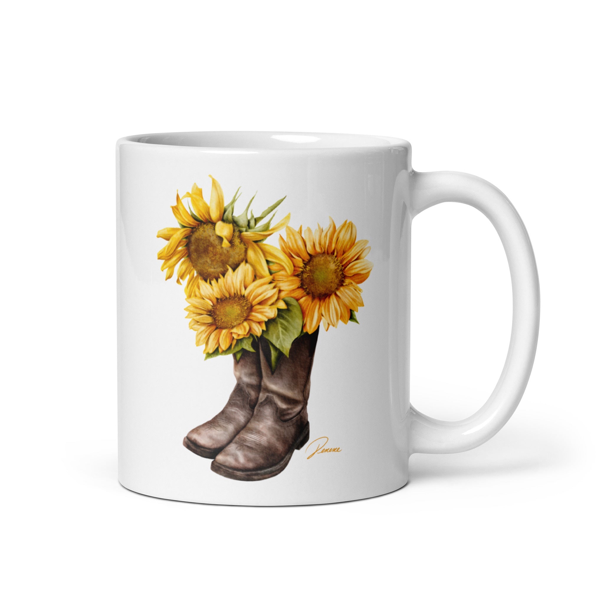 White mug with sunflower design featuring boots on a white background
