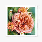 A  print of a rose and zinnia flowers with a bee on a green leafy background.