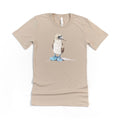 Tan colored t-shirt featuring my artwork of a blue-footed booby bird.