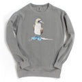 Grey colored sweatshirt featuring my artwork of a blue-footed booby bird.