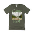 Military green colored t-shirt with my artwork featuring a foggy mountain landscape with text featuring verse Matthew 11:28 added to the design.