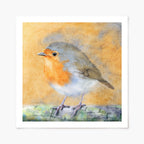 Art print of a European robin on a yellow background