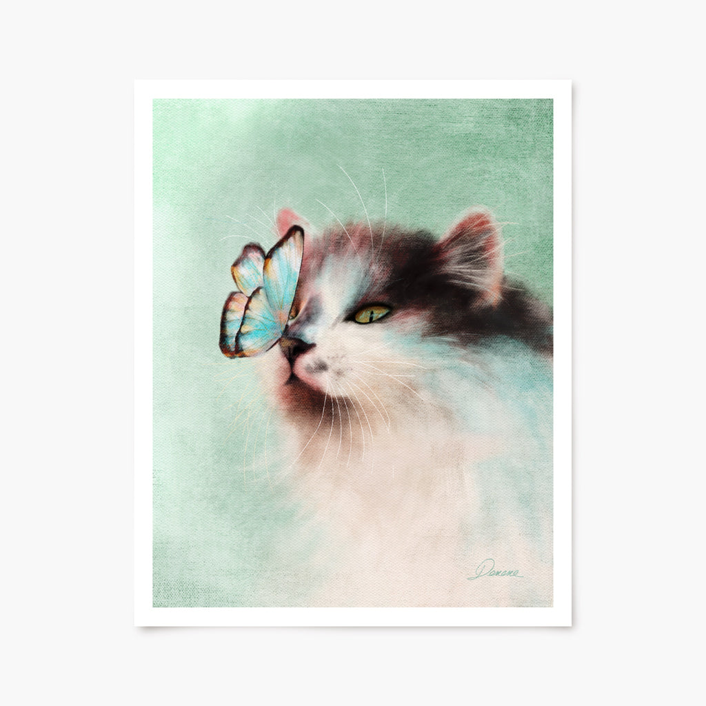 Art print of a cat with a butterfly on its nose against a light green background