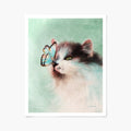 Art print of a cat with a butterfly on its nose against a light green background