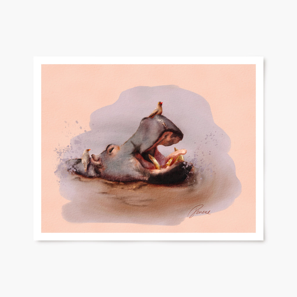 Art print illustration of a hippo with birds in water with a peach background