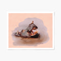 Art print illustration of a hippo with birds in water with a peach background
