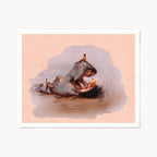 Art print illustration of a hippo with birds in water with a peach background