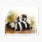 Art print of a lemur with a focused gaze, depicted in a blend of white, black, and grey colors against a green and beige background.