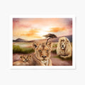 art print of a lion family with a sunset landscape