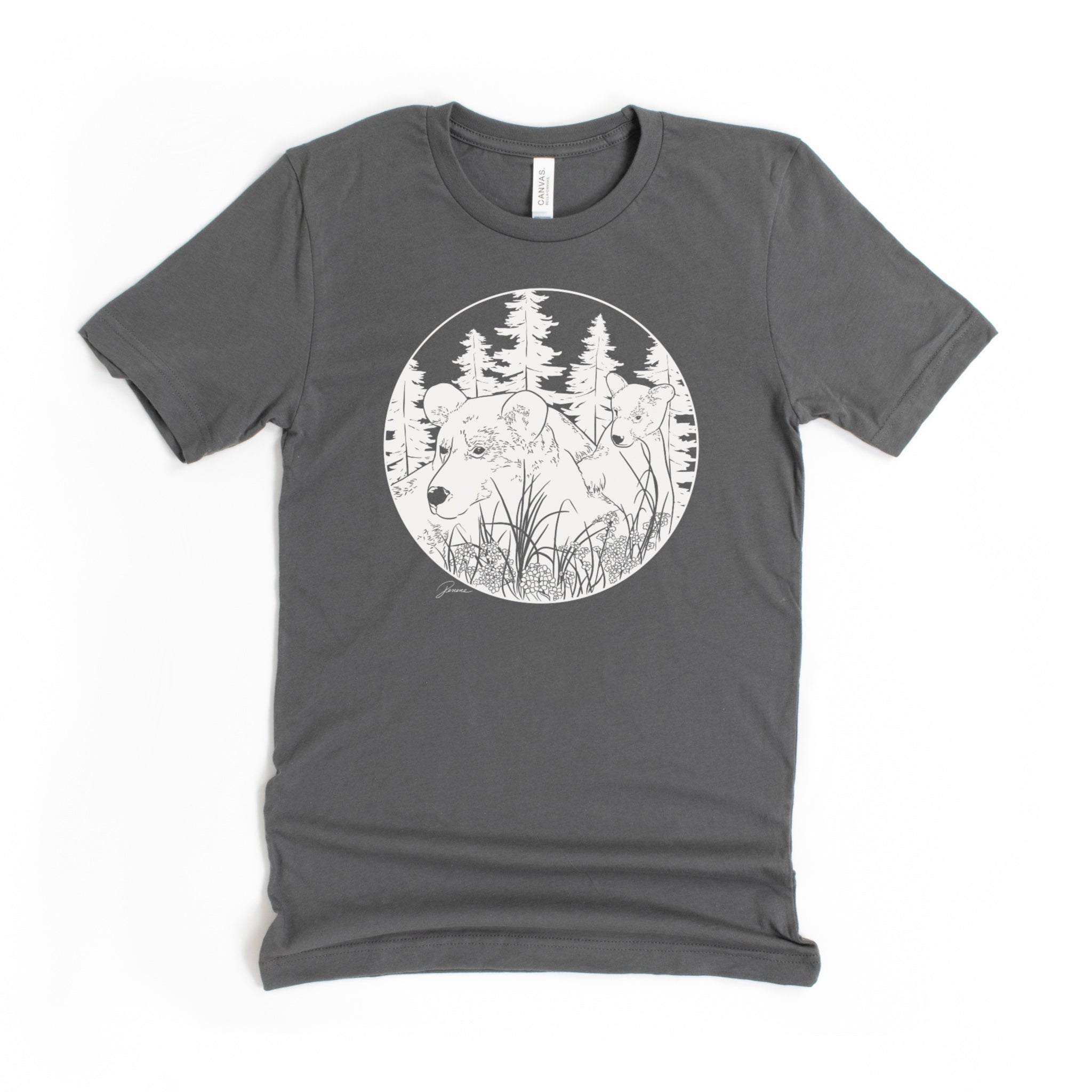 Asphalt (gray) colored t-shirt with my artwork of a mama bear and cub in forest. Design is done in a solid white, off white color.