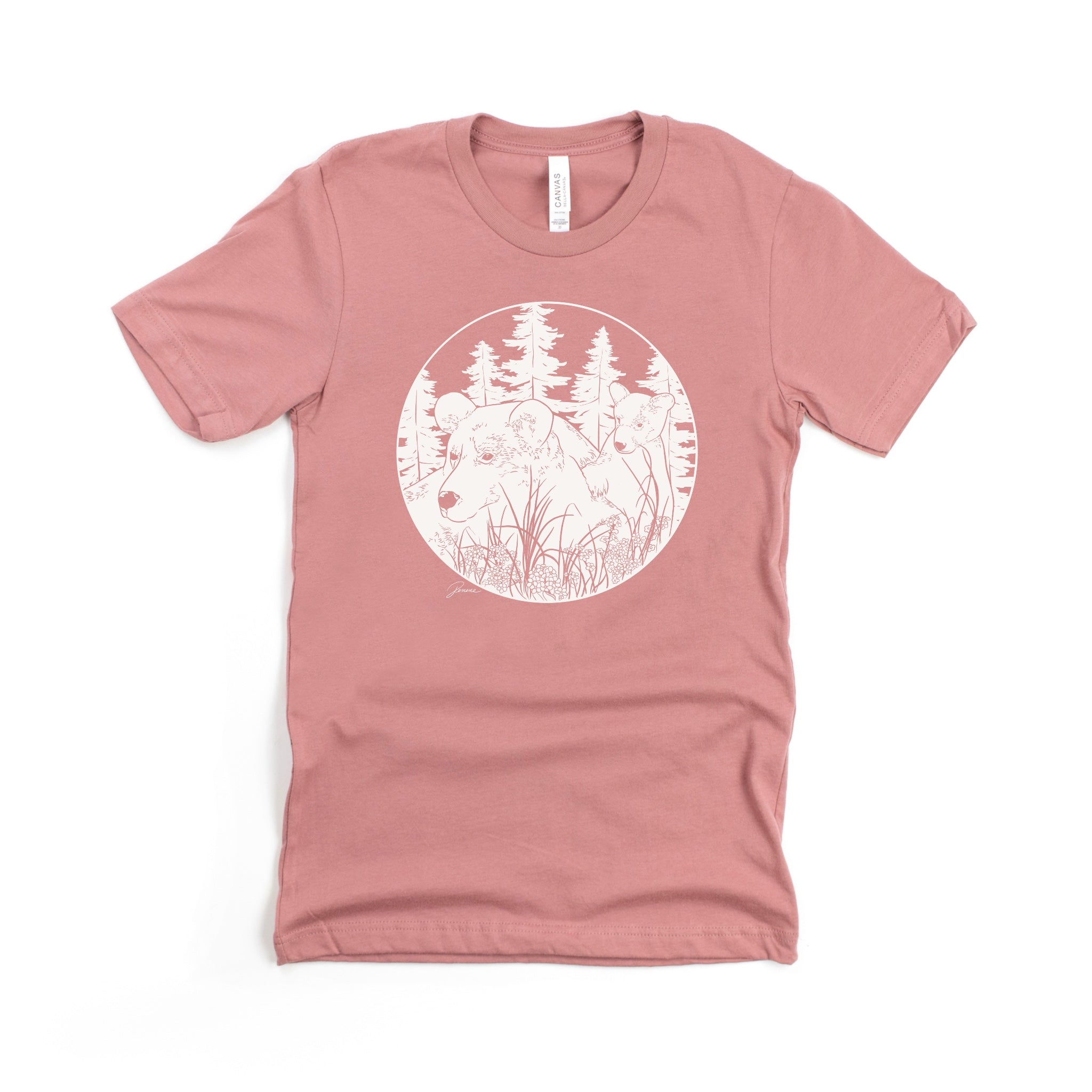 Mauve colored t-shirt with my artwork of a mama bear and cub in forest. Design is done in a solid white, off white color.